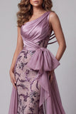 Vestido vintage malva de un solo hombro con lazos de sirena con lazo