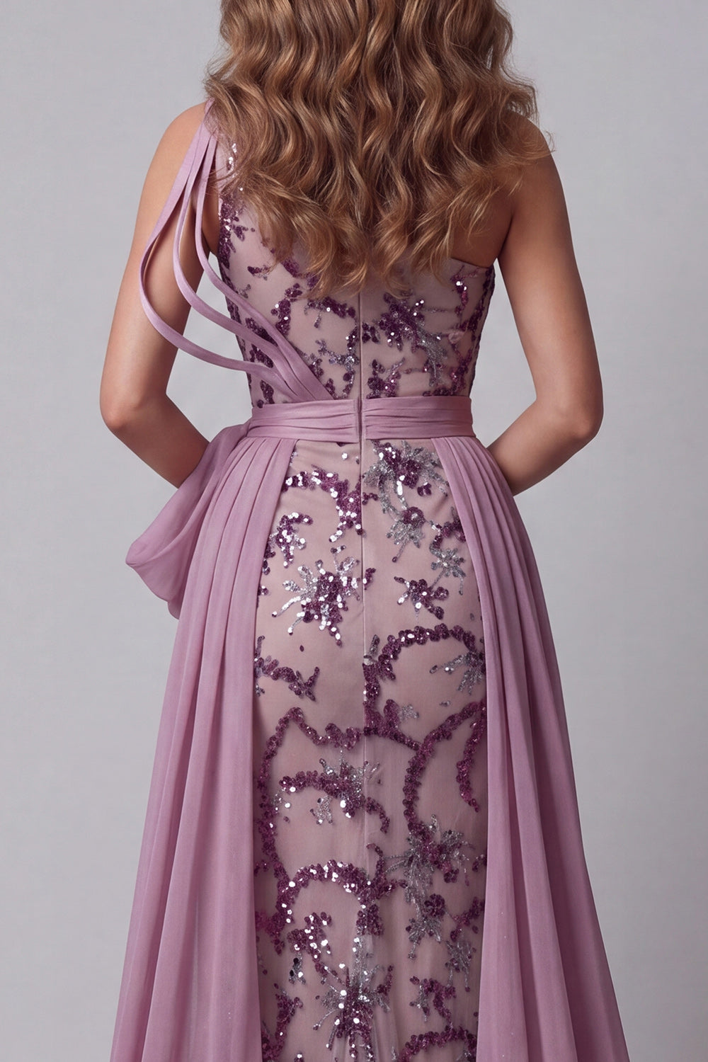 Vestido vintage malva de un solo hombro con lazos de sirena con lazo