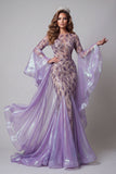 Vestido largo de certamen sirena con mangas de acampanado lavanda brillante