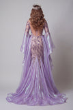 Vestido largo de certamen sirena con mangas de acampanado lavanda brillante