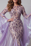 Vestido largo de certamen sirena con mangas de acampanado lavanda brillante