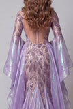 Vestido largo de certamen sirena con mangas de acampanado lavanda brillante