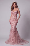 Corsé brillante con corset de color rosa sirena con cuentas y largo vestido floral de concurso