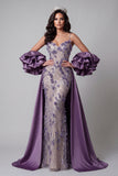 Vestido de concurso de belleza con tirantes finos de sirena morado y brillante, largo floral con cuentas