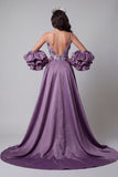 Vestido de concurso de belleza con tirantes finos de sirena morado y brillante, largo floral con cuentas