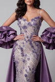 Vestido de concurso de belleza con tirantes finos de sirena morado y brillante, largo floral con cuentas