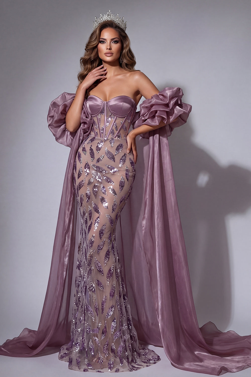 Vestido de certamen, sirena larga con cuentas y volantes, brillante, corsé malva y brillante