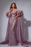 Vestido de certamen, sirena larga con cuentas y volantes, brillante, corsé malva y brillante