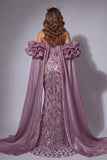 Vestido de certamen, sirena larga con cuentas y volantes, brillante, corsé malva y brillante