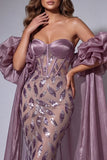 Vestido de certamen, sirena larga con cuentas y volantes, brillante, corsé malva y brillante