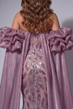 Vestido de certamen, sirena larga con cuentas y volantes, brillante, corsé malva y brillante