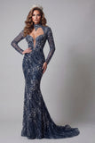 Vestido de certamen brillante azul marino azul marino con espalda abierta y cuello alto, sirena con cuentas y cuentas