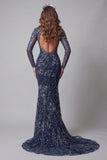 Vestido de certamen brillante azul marino azul marino con espalda abierta y cuello alto, sirena con cuentas y cuentas