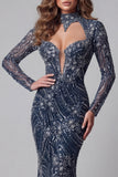 Vestido de certamen brillante azul marino azul marino con espalda abierta y cuello alto, sirena con cuentas y cuentas