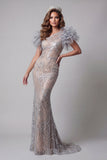 Vestido de belleza largo de sirena plateado con un hombro con cuentas y flores en 3D