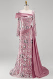 Vestido de concurso floral de sirena rosa rosa brillante con cuentas y sirena con capa lateral