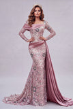 Vestido de concurso floral de sirena rosa rosa brillante con cuentas y sirena con capa lateral
