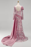Vestido de concurso floral de sirena rosa rosa brillante con cuentas y sirena con capa lateral