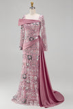 Vestido de concurso floral de sirena rosa rosa brillante con cuentas y sirena con capa lateral