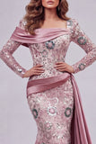 Vestido de concurso floral de sirena rosa rosa brillante con cuentas y sirena con capa lateral