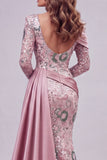 Vestido de concurso floral de sirena rosa rosa brillante con cuentas y sirena con capa lateral