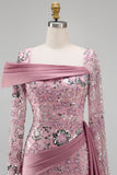 Vestido de concurso floral de sirena rosa rosa brillante con cuentas y sirena con capa lateral