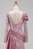Vestido de concurso floral de sirena rosa rosa brillante con cuentas y sirena con capa lateral