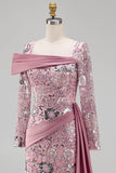 Vestido de concurso floral de sirena rosa rosa brillante con cuentas y sirena con capa lateral