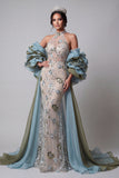 Vestido largo largo de concurso floral con volantes de champán y sirena champán con brillante capa