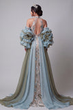Vestido largo largo de concurso floral con volantes de champán y sirena champán con brillante capa