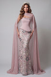 Vestido de certamen floral largo de sirena rosa brillante con alfiles, con cuentas,