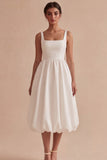 Vestido de graduación Midi de cuello cuadrado blanco A Line