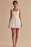 Vestido de graduación corto de cuello cuadrado blanco de cuello cuadrado A Line