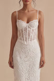 Vestido de graduación Corsé Midi bodycon de encaje blanco con tirantes finos