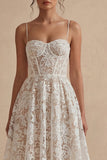 Vestido de espagueti de encaje blanco Vestido de graduación de corsé hasta el tobillo