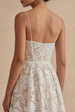 Vestido de espagueti de encaje blanco Vestido de graduación de corsé hasta el tobillo