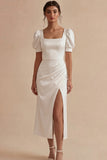 Vestido de graduación midi de satén blanco de cuello cuadrado con abertura