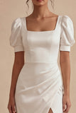 Vestido de graduación midi de satén blanco de cuello cuadrado con abertura