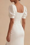 Vestido de graduación midi de satén blanco de cuello cuadrado con abertura