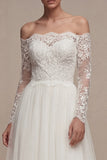 Vestido de novia blanco de manga larga floral línea A con encaje