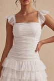 Vestido de graduación de línea A corto de cuello cuadrado blanco con volantes