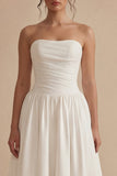 Vestido de novia blanco A Line Maxi Beach, sin tirantes y fruncidos