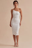 Vestido midi blanco bodycon fruncido de un solo hombro