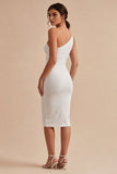 Vestido midi blanco bodycon fruncido de un solo hombro