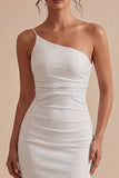Vestido midi blanco bodycon fruncido de un solo hombro
