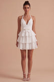 Vestido mini blanco de línea A con volantes con volantes y lazos