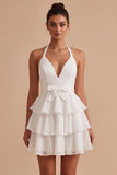 Vestido mini blanco de línea A con volantes con volantes y lazos