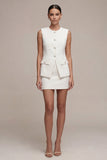 Vestido de negocios corto, blanco de dos piezas, cuello redondo, pecho simple