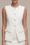 Vestido de negocios corto, blanco de dos piezas, cuello redondo, pecho simple