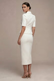 Vestido largo de negocios blanco de dos piezas, solapa muescada y solapa con pecho simple y bolsillos